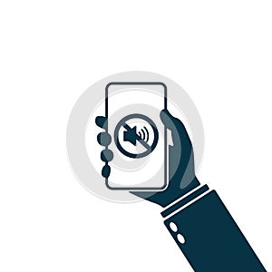 No sound sign for mobile phone icon. Hand holding smartphone with sound off icon. Silent mode icon. Vector