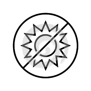 No sun icon. Line style symbol of sun rays prohibition. Do not expose to sunlight sign.