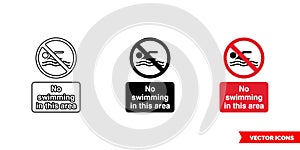 No swimming in this area prohibitory sign icon of 3 types color, black and white, outline. Isolated vector sign symbol