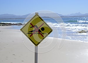 No Swimming sign post at beach in Australia