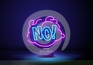 No text. Comic speech bubble neon sign. Refusal concept. Pop art design. Shiny effect poster. Emotion idea on brick wall