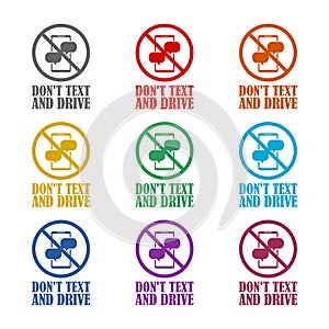 No texting, no cell phone use while driving icon isolated on white background. Set icons colorful