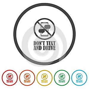 No texting, no cell phone use while driving icon. Set icons in color circle buttons