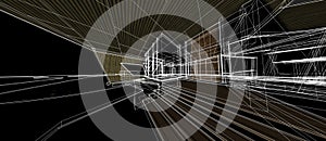 Modern Architectural 3D Wireframe Exterior Design - Black Line Perspective on Blue Background