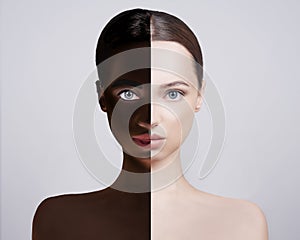 No to racism, the concept of sameness. The girlÃ¢â¬â¢s face is divided into 2, Caucasian-looking girl and African-American in one photo