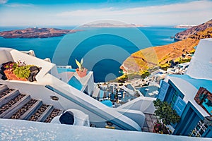 No tourist early morning Santorini island. Attractive summer scene of the  famous Greek resort Thira, Greece, Europe. Traveling co