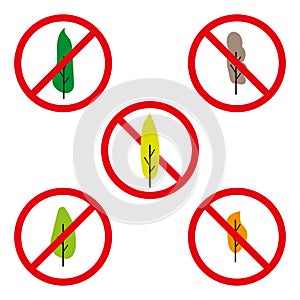 No trees allowed sign. Vector prohibition symbols. Environmental restriction icons.