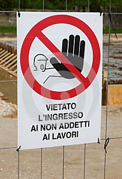 No trespassing sign in Italian language outside an construction site in Italy photo