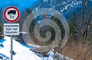 No truck red sign in winter landscape. Mountain pass, Upper Austria