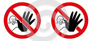 No unauthorized access sign. Screaming man with black hand stopping in red crossed circle. Version with palm in front and back photo