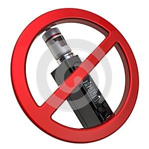 No vaping concept. Forbidden sign with Box Mod e-cigarette, 3D rendering