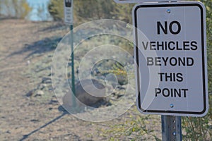 No Vehicles Beyond This Point Sign at Rotary Community Park. Lake Havasu City, Mohave County, Arizona USA