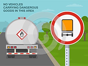 No vehicles carrying dangerous goods. Close-up back view of a truck with flammable item.