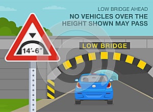 No vehicles over the height shown may pass. Red car is reaching a low bridge with obstruction and hazard marker.