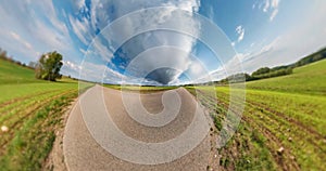NO VR. Curvature of space of little planet transformation. Abstract torsion and spinning of full flyby panorama landscape on aspha