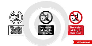 No water skiing in this area prohibitory sign icon of 3 types color, black and white, outline. Isolated vector sign symbol