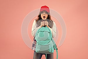 No way. Carrying things in backpack. Learn how fit backpack correctly. Girl little fashionable kid carry backpack