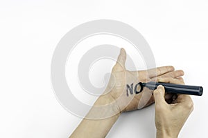 No, written on the woman's hand