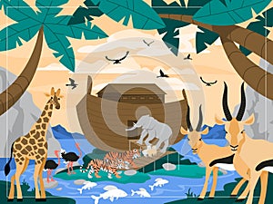 Noah with animals and arc genesis illustration
