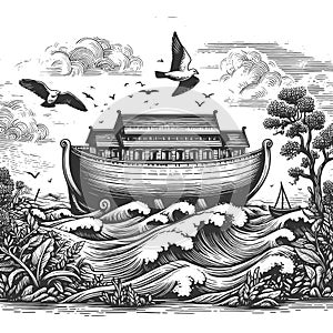 Noah Ark engraving sketch raster illustration