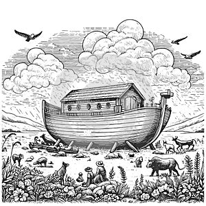 Noah Ark engraving sketch vector illustration