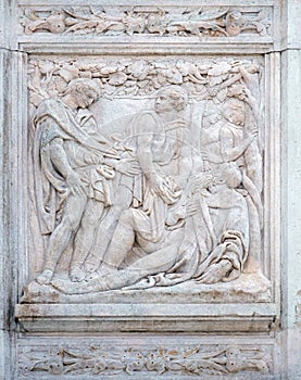 The Noah elation, relief on portal of Saint Petronius Basilica in Bologna