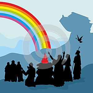 Noah and his family see a rainbow - a symbol of God`s covenant