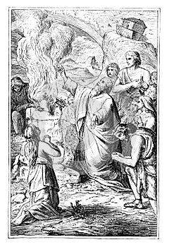 Noah Offers Sacrifice on Altar. Bible, Old testament, Genesis. Vintage Antique Drawing