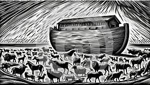 Noah\'s Ark Amidst the Biblical Flood with Diverse Animal Herd