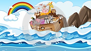 Noah`s Ark with animals in the ocean scene