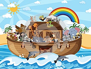 Noah`s Ark with animals in the ocean scene