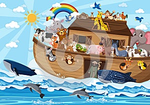 Noah`s Ark with animals in the ocean scene