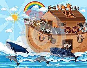 Noah`s Ark with animals in the ocean scene