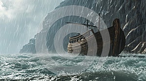 Noah's Ark, animals in the storm, bad weather, rain, sea, boat flood mountain, biblicaly history. bird dove religion