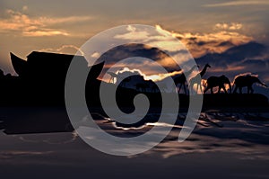 Noah's ark and animals, sunset in background