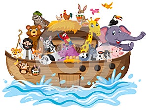 Noah`s Ark with Animals on water wave isolated on white background