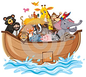 Noah`s Ark with Animals on water wave isolated on white background