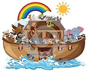 Noah`s Ark with Animals on water wave isolated on white background