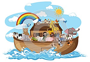 Noah`s Ark with Animals on water wave isolated on white background