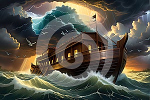 Noah\'s Ark as a Colossal Vessel Afloat Amidst the Churning Stormy Great Flood Waters, Dramatic Light Piercing Through the