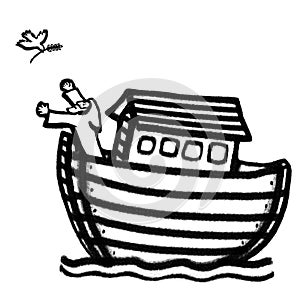 Noah`s Ark with dove black and white illustration