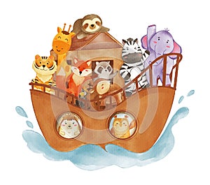 Noah \'s ark with many wildlife animals . The flood concept . Realistic watercolor paint with paper textured .