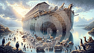 Noah\'s Ark with a Multitude of Animals Gathered on Calm Waters