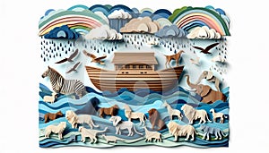Noah\'s Ark Sailing Through a Storm with Diverse Animals and Rainbow