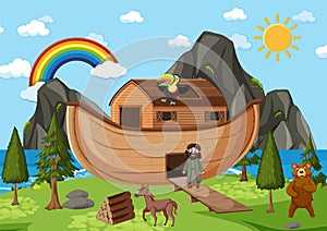 Noah`s Ark with wild animals in nature scene