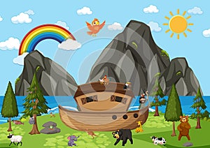 Noah`s Ark with wild animals in nature scene