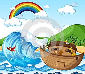 Noah`s Ark with wild animals in nature scene