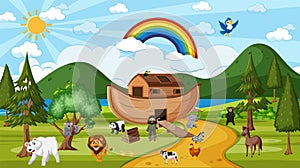 Noah`s Ark with wild animals in nature scene