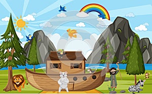 Noah`s Ark with wild animals in nature scene