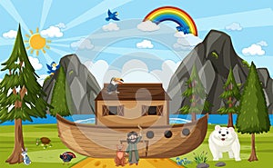 Noah`s Ark with wild animals in nature scene